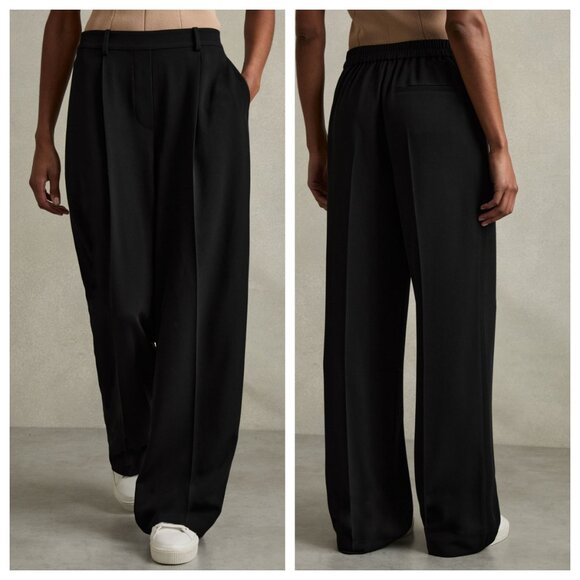 REISS Eden Black Pleated Wide Leg Twill Pants